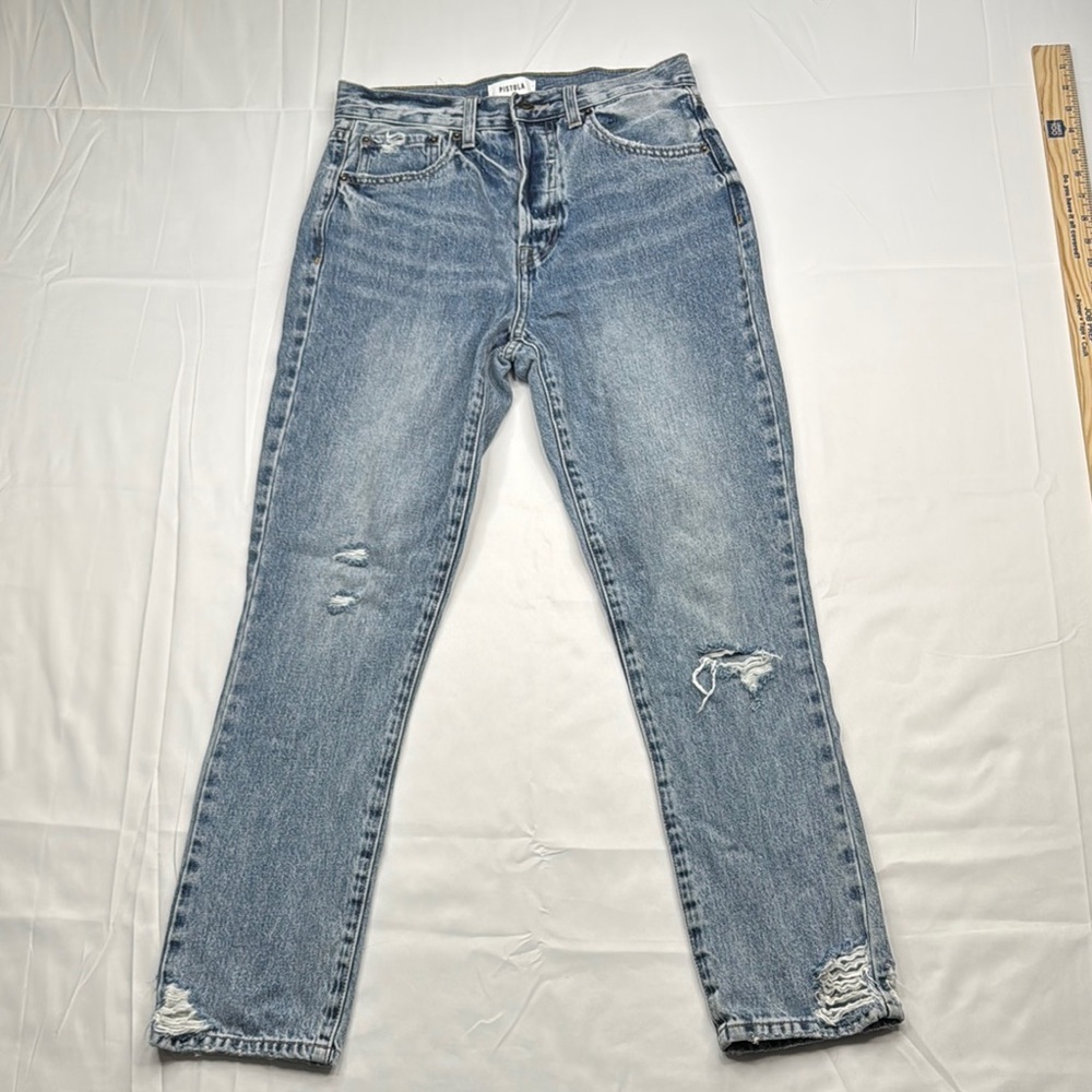 Pistola Blue Skinny Jeans Distressed Details button fly acid wash high rise mom